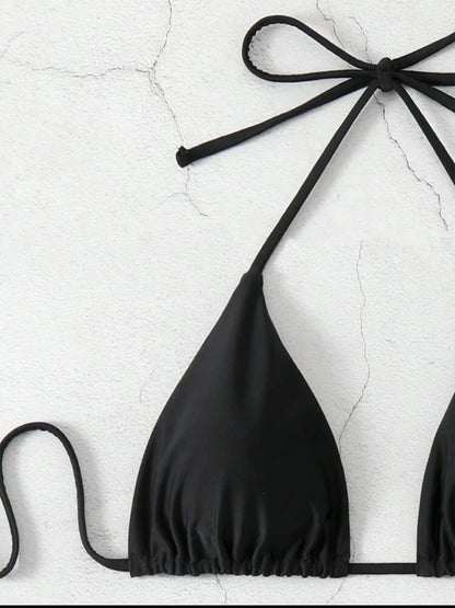 Sexy Solid Halter Lace Up Low Waist Bikini Set Women's 2 Pieces Swimsuit Triangle Thong Swimwear Bathing Suit Brazilian Biquini