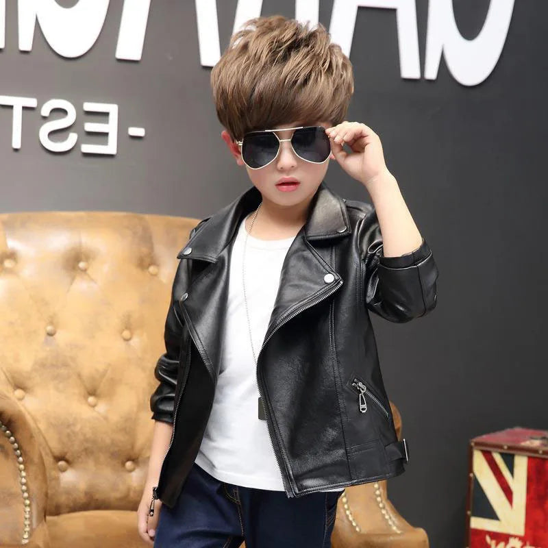3-12 Years Old Girls Faux Leather Jacket Children PU Coat Long Sleeve Zip Belt Locomotive Jacket Stylish Teen Kids Boys Jackets