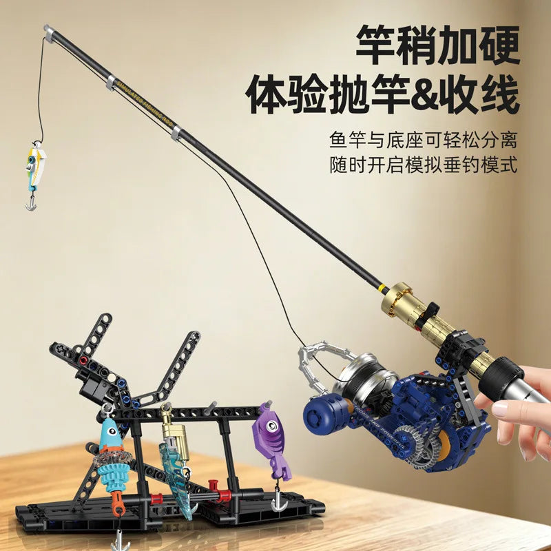 Fishing Rod Brick Simulated Gear Reel Fishing Rod Model Building Blocks Creative DIY Simulated Fishing Game Educational Toy Gift