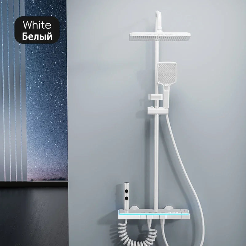Modern Bathrooms Shower System Set Glass Panel Bathtub Rain LED Display Rainfall Shower Mixer Tap Thermostatic Faucet with Light