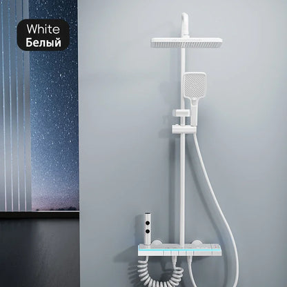 Modern Bathrooms Shower System Set Glass Panel Bathtub Rain LED Display Rainfall Shower Mixer Tap Thermostatic Faucet with Light