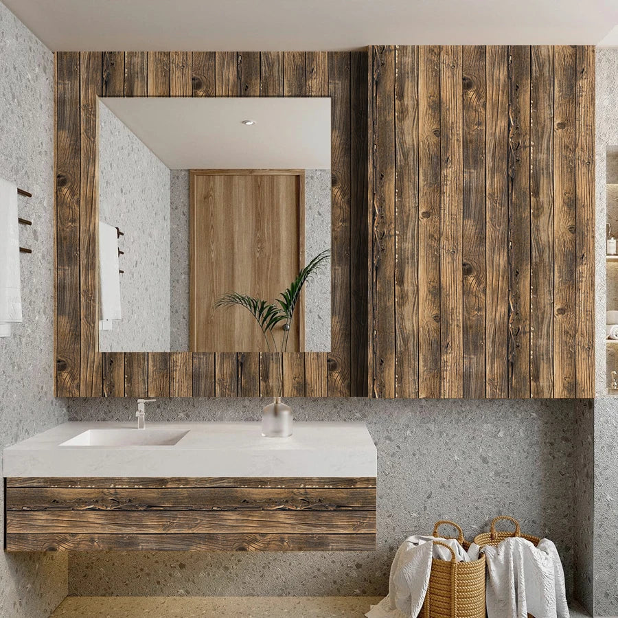 3D Dark Wood Grain Self-Adhesive Wallpaper,Retro Industrial Style, Easy DIY Installation,Waterproof PVC Wall Sticker for Kitchen