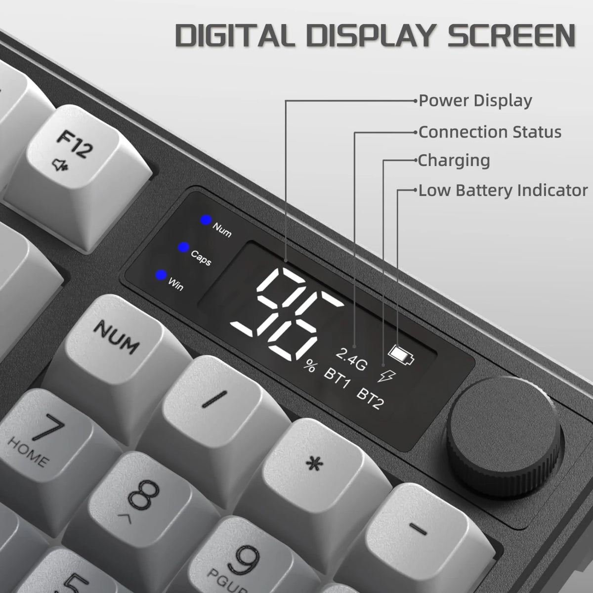 FREEWOLF M96 Wireless Dual Mode Gaming Keyboard with Smart Screen, 96-Key PBT RGB Backlight, Bluetooth, Media Knob, Ergonomics