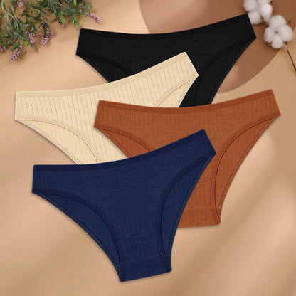 4Pcs/Set Cotton Panties Women Striped Solid Color Briefs Sexy Low-Waist Breathable Underpants Ladies Soft Stretch Lingerie M-XL