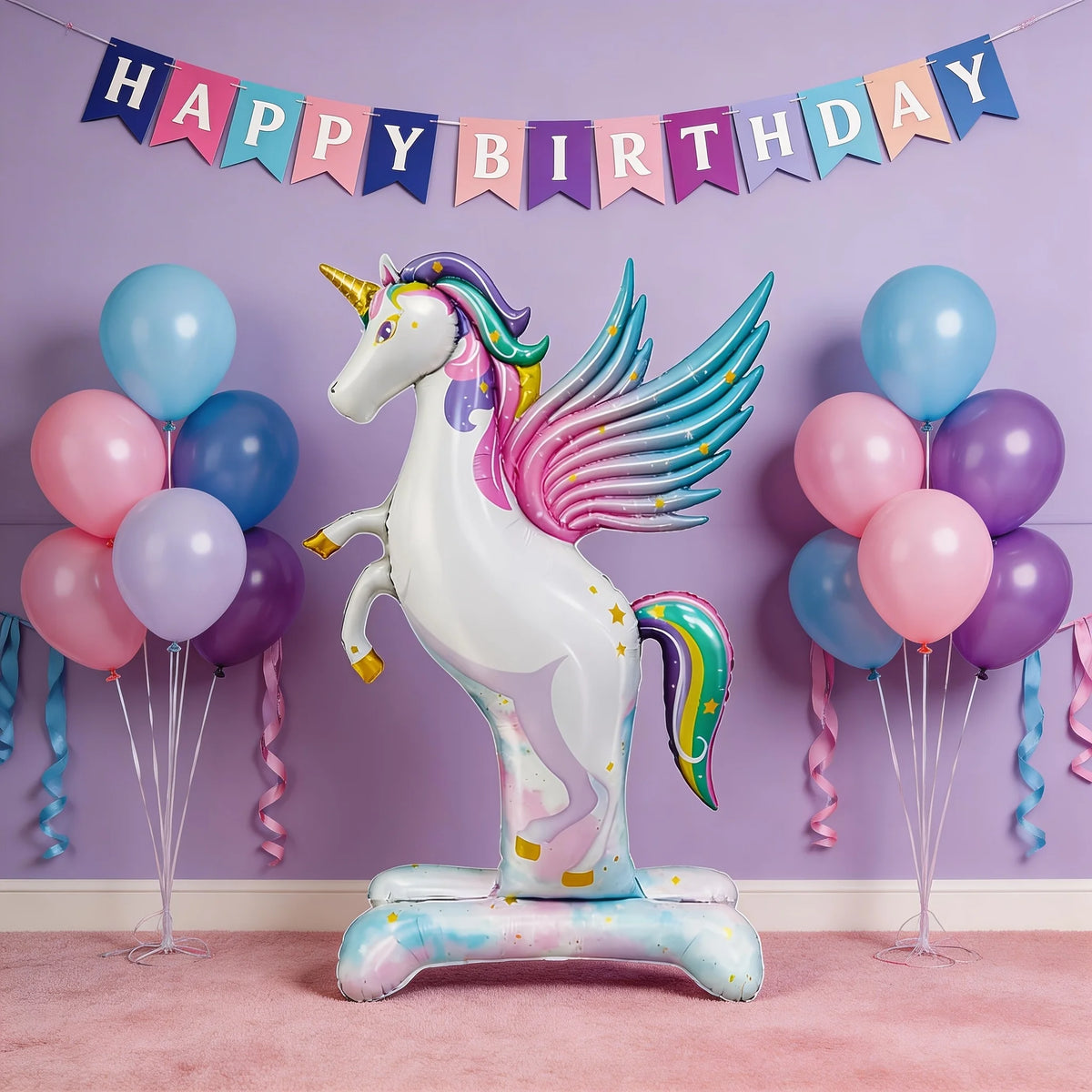 Giant 3D Self-Standing Unicorn Foil Balloon with Stable Base, Rainbow Gradient Unicorn with Wings Inflatable Mylar Balloon for K