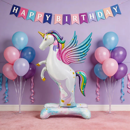 Giant 3D Self-Standing Unicorn Foil Balloon with Stable Base, Rainbow Gradient Unicorn with Wings Inflatable Mylar Balloon for K