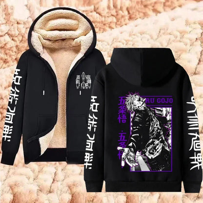 Jujutsu Kaisen Warm Zipper Jacket Gojo Satoru Anime Thicken Hoodie Men Women Lamb Wool Casual Long Sleeve Sweatshirts Streetwear