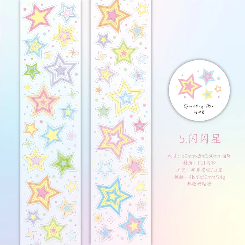 50mm * 2m Kawaii Sparkling Sand Circle Star Basic Decoration Die Cutting Sticker Tape DIY Diary Album Scrapbooking Material