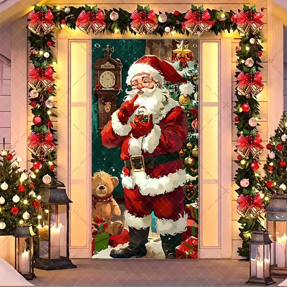 Christmas Humorous Santa Claus And Elk Door Banner Party Decorations Indoor Outdoor Veranda Door Cover Supplies Festive Gifts