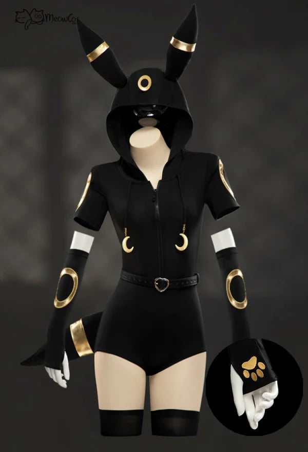 MEOWCOS Women Moonlight Fox Dark Gray Romper Hooded Bodysuit with Sleeves Stockings Belt and Tail Halloween Cosplay Costume