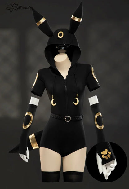MEOWCOS Women Moonlight Fox Dark Gray Romper Hooded Bodysuit with Sleeves Stockings Belt and Tail Halloween Cosplay Costume