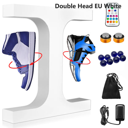 Double Headed Shoe Display Magnetic Levitating Sneaker Rack With Colorful Lights 360 Degree Rotation Remote Controlled Shoe Rack