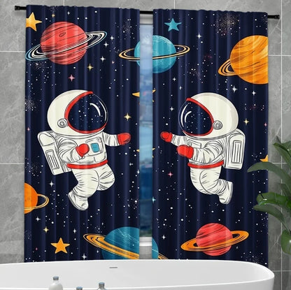 2PC Navy Space Astronaut Sheer Curtains - Playful Sci-Fi Themed Print Window Drapes for Kids' Room Bedroom Decor