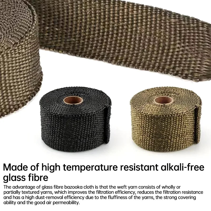 5m Roll Fiberglass Heat Shield Motorcycle Fiberglass Heat Shield Tape Exhaust Thermal Tape High temperature with Stainless Ties