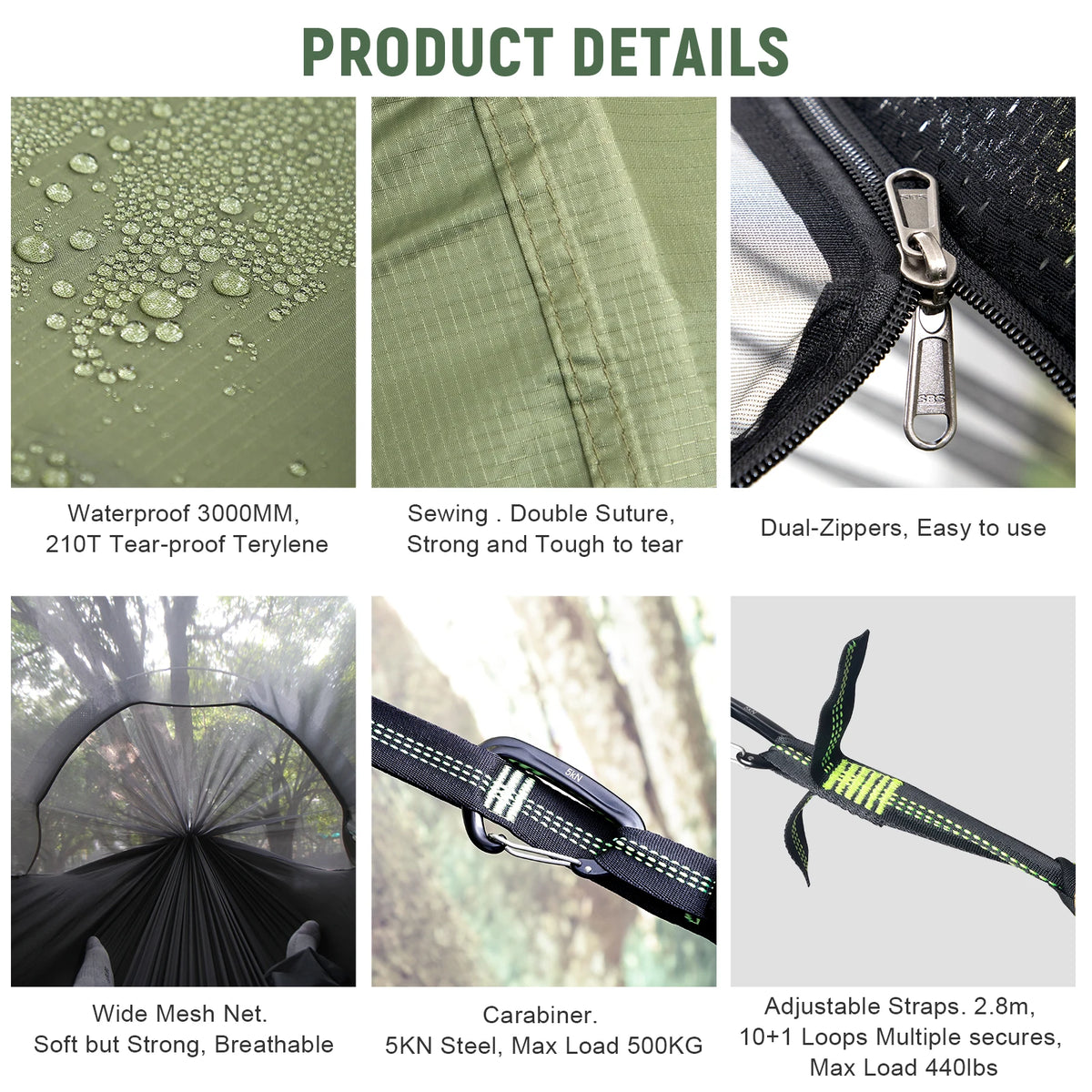 Hammock Solo Camping with Rain Fly and Bug Net Hammock Tent with Storage Pocket for Sleeping Pad Green/Camo