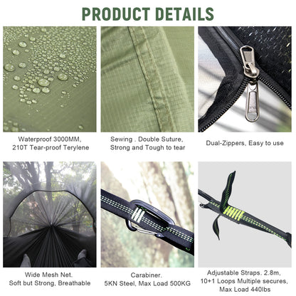 Hammock Solo Camping with Rain Fly and Bug Net Hammock Tent with Storage Pocket for Sleeping Pad Green/Camo