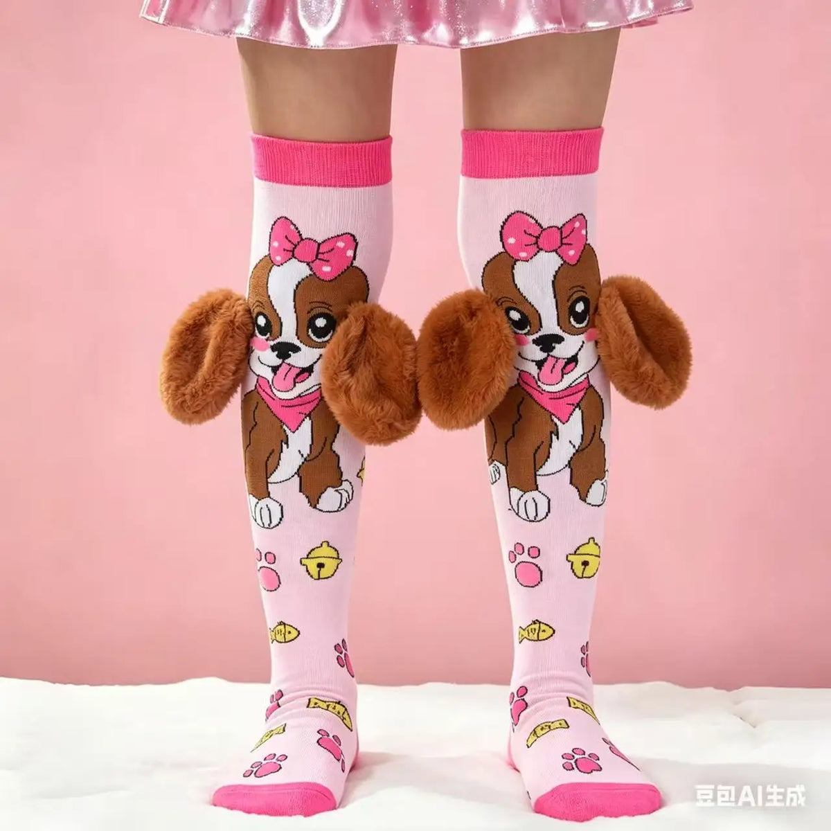 1 pair of pink, light blue cute cartoon dog girl and knee socks-with cute 3D ears, very suitable for casual clothes and gifts, h