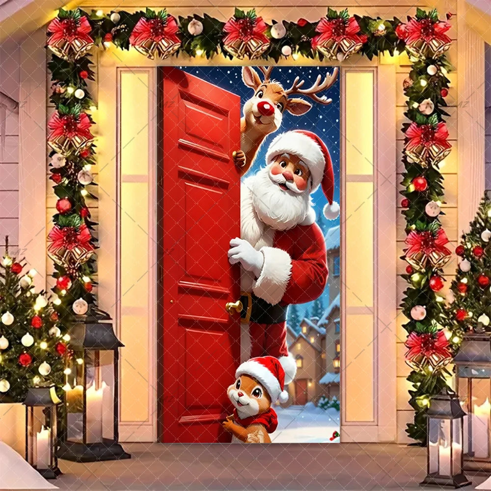 Christmas Humorous Santa Claus And Elk Door Banner Party Decorations Indoor Outdoor Veranda Door Cover Supplies Festive Gifts