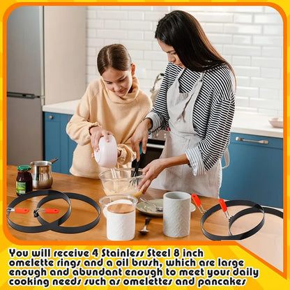 2/4 Packs 8 Inch Omelette Rings for Griddle Large Stainless Steel Nonstick Pancake Molds With Oil Brush Omelet Egg Ring Maker