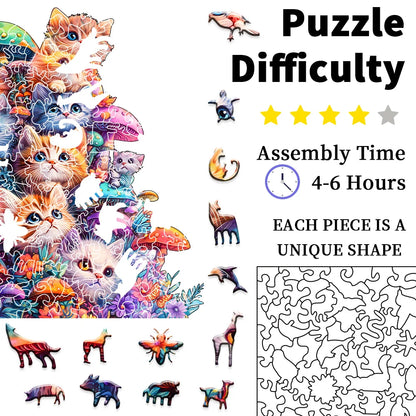 Adult Wooden Puzzle - Cute Mushroom Cat Animal Pattern - Unique Irregular Shape - Gift for Puzzle Enthusiasts and Friends