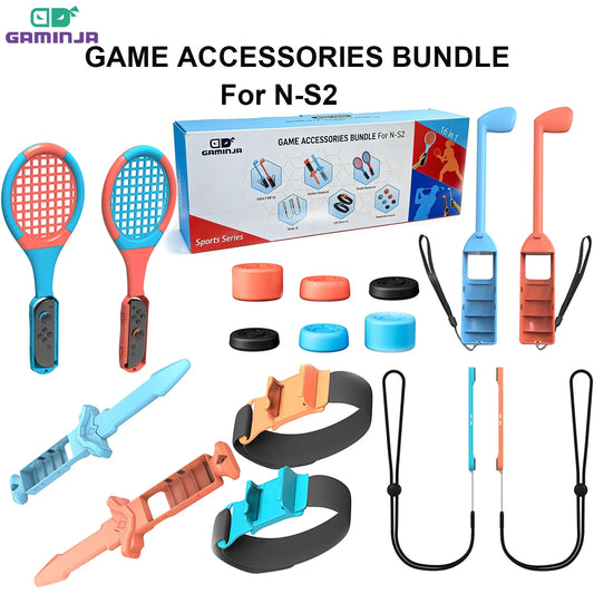 GAMINJA For Switch 2 Joy-Con 16 in 1 Sports Game Accessories Set Tennis Racket Sword Golf Grips Wristband Anti-Slip Steap