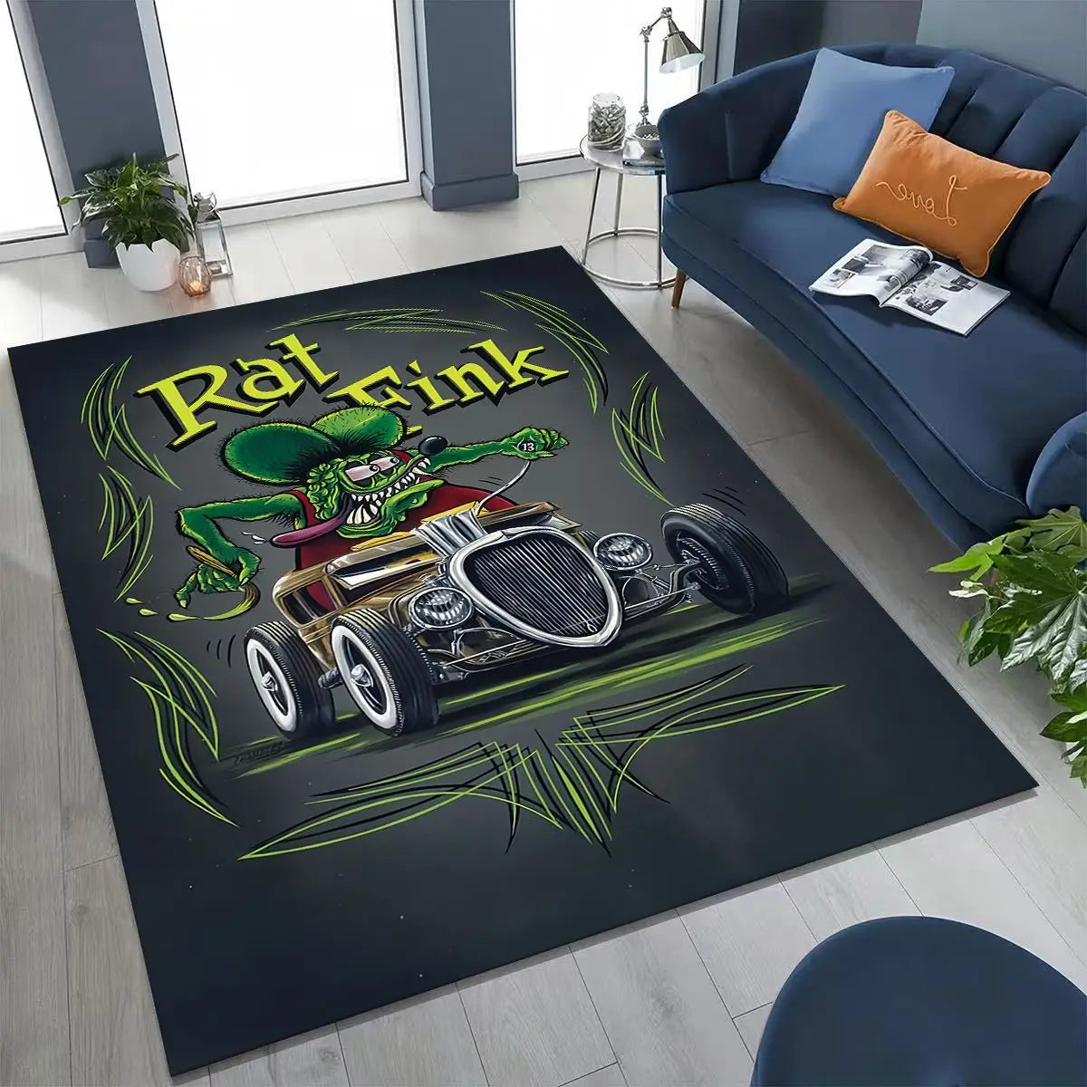 3D Rebellious RAT FINK Cars Sign Cartoon Rug for Bedroom Living Room Sofa Home Doormat Decor, Large Kids Play Non-slip Floor Mat