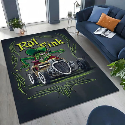 3D Rebellious RAT FINK Cars Sign Cartoon Rug for Bedroom Living Room Sofa Home Doormat Decor, Large Kids Play Non-slip Floor Mat
