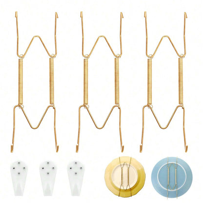 4/6/8/10/12 Inch Plate Dish Hangers Holder W-shaped Wall Display Decorative Invisible Spring Hanging Hook Golden