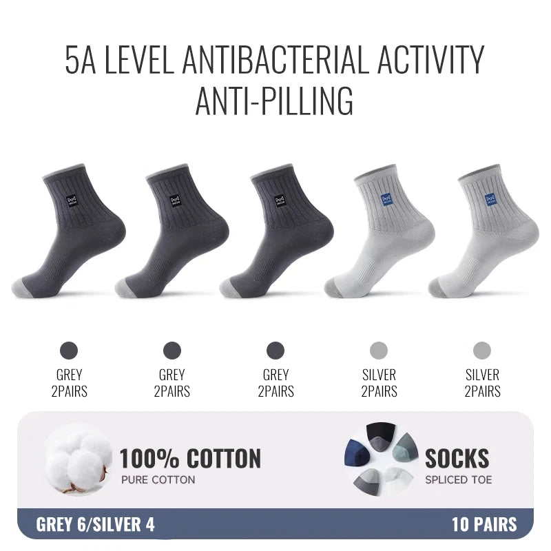 MiiOW 100% Pure Cotton Socks Men Business Dress Sock Anti Odor Crew Socks Antibacterial Breathable Sports Long Sock Black White