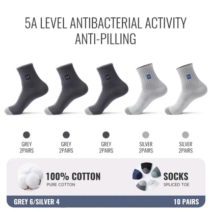 MiiOW 100% Pure Cotton Socks Men Business Dress Sock Anti Odor Crew Socks Antibacterial Breathable Sports Long Sock Black White