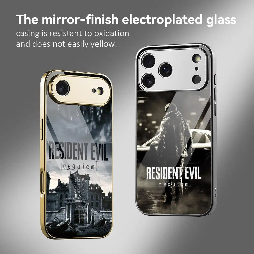 R-Resident Evil 9 Phone Case For IPhone 17 16 15 14 13 12 Pro Max Plus Electroplated Metal Bumper Case Tempered Glass Back