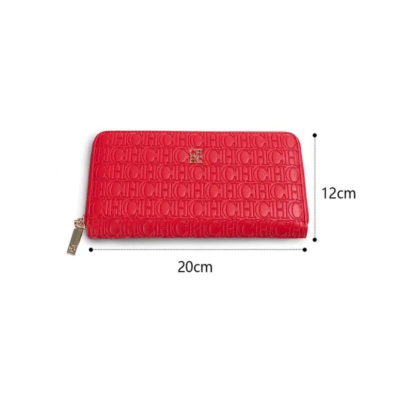 CH Elegant Embossed Zipper Wallet Brand Gold Micro Logo Multi-Card Slots Zipper Compartment Leather Clutch Wallet