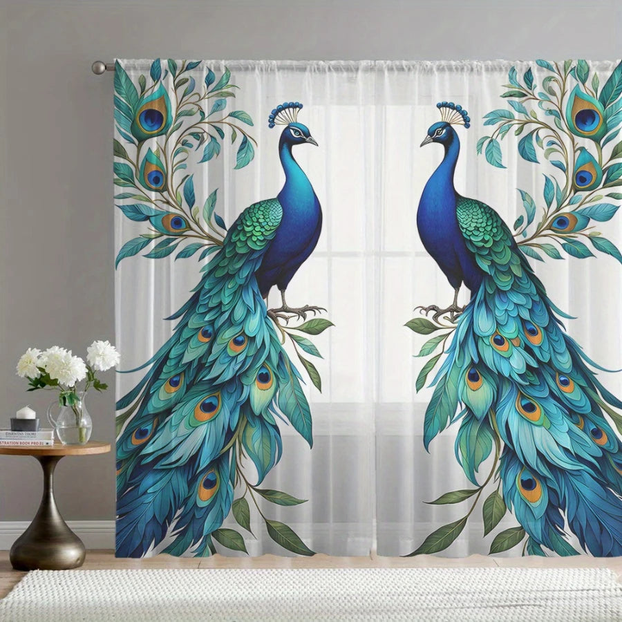 2PCS Digital Print Sheer Curtains, Symmetric Blue Peacock, Exotic Elegant Ornamental for Bedroom Living Room Home Decor