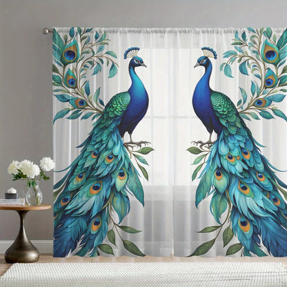2PCS Digital Print Sheer Curtains, Symmetric Blue Peacock, Exotic Elegant Ornamental for Bedroom Living Room Home Decor