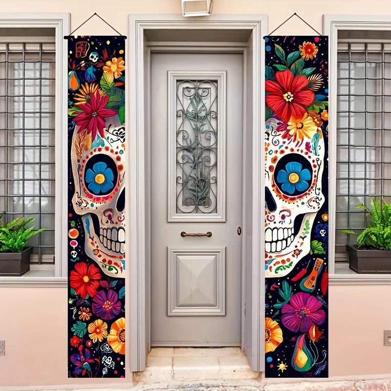 2PCS Mexican Day of The Dead Porch Sign Door And Wall Decoration Couplets Banner for Dia De Los Muertos Celebration Party Supply