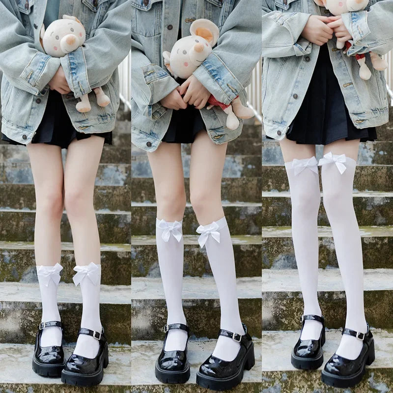 Opaque Bow Knee High Socks New Women Black White Sexy Thigh High Stockings over Knee Long Tights for Girls Ladies