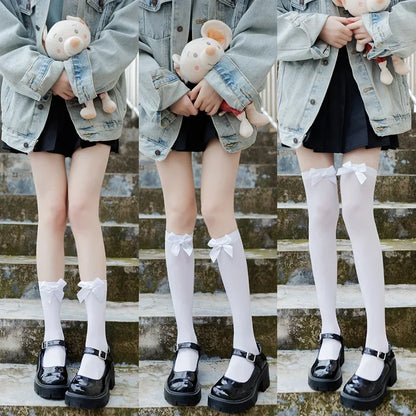 Opaque Bow Knee High Socks New Women Black White Sexy Thigh High Stockings over Knee Long Tights for Girls Ladies