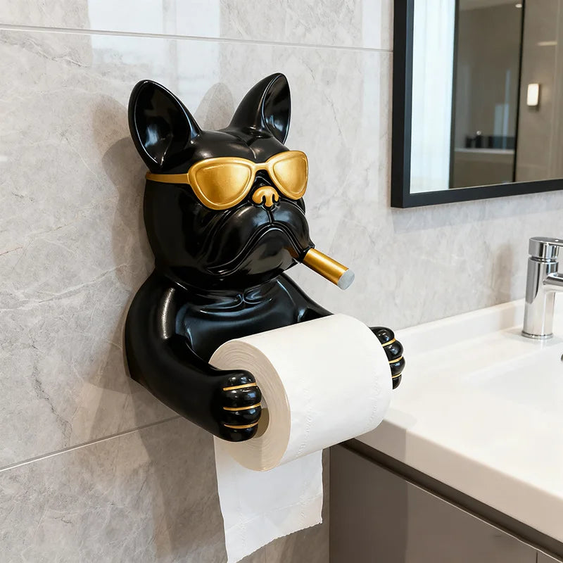 Creative Cute Bulldog Wall Mounted Roll Paper Hanger Toilet Carton No Punching Household Storage Shelf