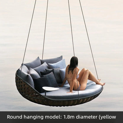 Outdoor Hanging Daybed Round Wicker Rattan Swing Bed Patio Garden Sofa Large Hammock Lounge Chair Waterproof Cushion