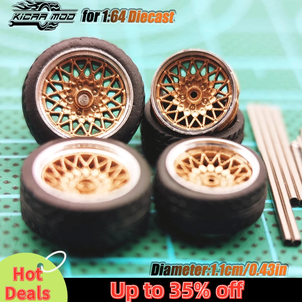 Kicarmod 1/64 Model Car ABS Wheels with Rubber Tire Metal Rims Front Small Rear Large Refitting Parts For Model Car