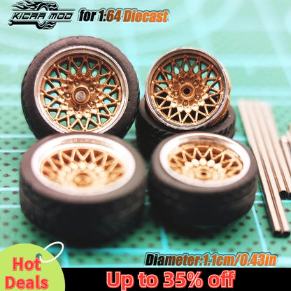 Kicarmod 1/64 Model Car ABS Wheels with Rubber Tire Metal Rims Front Small Rear Large Refitting Parts For Model Car