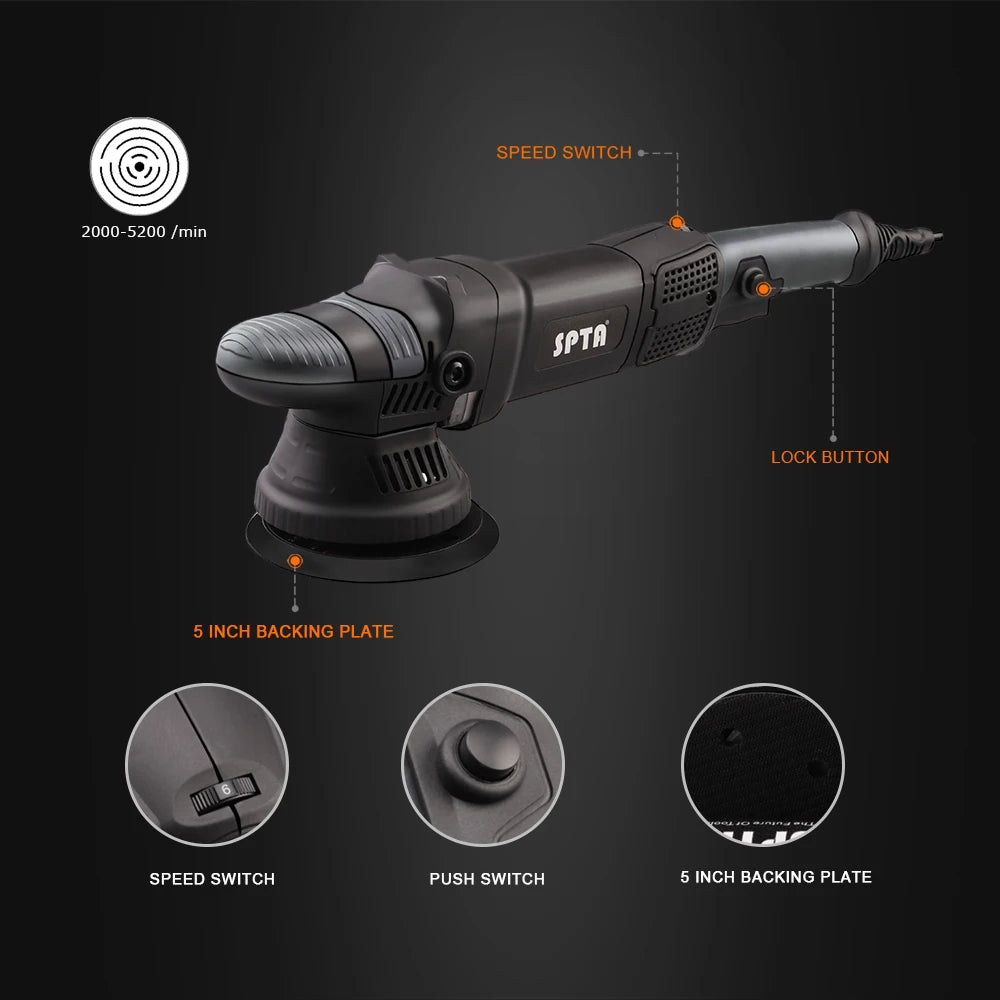SPTA 5 Inch 780W Dual Action Car Polisher Auto Orbit 15mm Polishing Machine with Sponge Pads Accessories for Vehicle Buffing