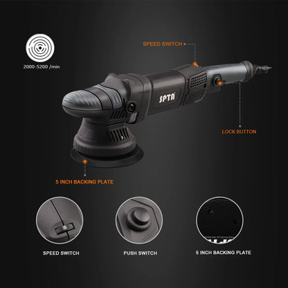 SPTA 5 Inch 780W Dual Action Car Polisher Auto Orbit 15mm Polishing Machine with Sponge Pads Accessories for Vehicle Buffing