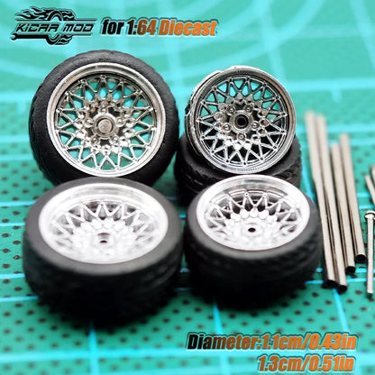 Kicarmod 1/64 Model Car ABS Wheels with Rubber Tire Metal Rims Front Small Rear Large Refitting Parts For Model Car