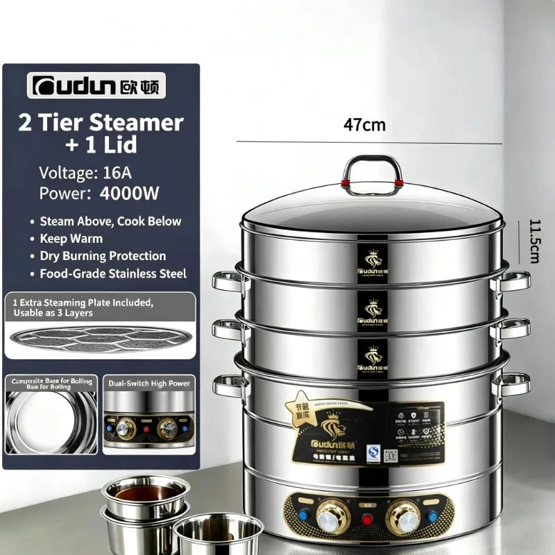 Composite Bottom 48CM Large Electric Food Steamers Thickened Healthy Cooker with Anti-Dry Burn for Home Commercial Kitchen 220V