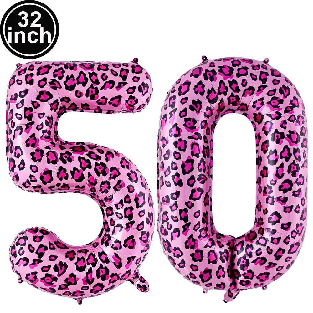 32 Inch Pink Leopard Print Number Foil Balloon 0‑9 Digit Balloon Wild Animal Helium Balloon for Birthday Anniversary Party Decor