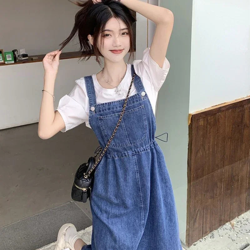 New 2025 Fashion Women's Denim Suspender Dress Causal Female High Waist A-line Solid Strap Jean Dresses Woman