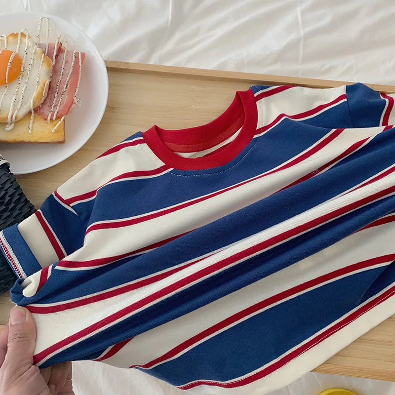 2-7Y autumn Children Clothes For Baby Girl Boys T-shirt Stripe Cotton Long Sleeves Shirts Teen Hoodie Bottoming Shirt Kids Tops