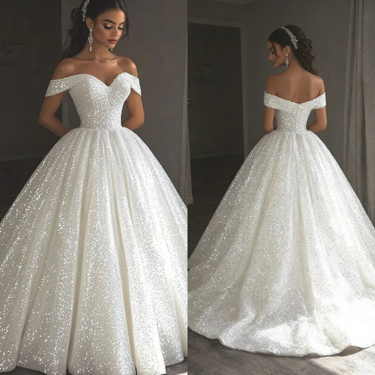 Luxury Off Shoulder Sparkly Sequin Ball Gown Wedding Dress 2026 Cathedral Train Bridal Gown Plus Size Vestido De Novia Custom