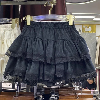 Sweet Cool Kawaii Y2K Puff Mini Skirt Women's Plaid High-Waist Lace Patchwork Bow Casual Dating Skirt  Lolita School Performance